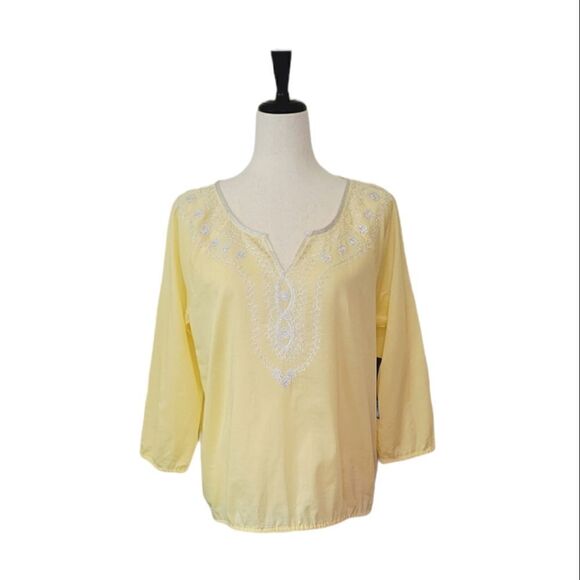 Relativity Yellow Embroidered 3/4 Sleeve Sheer 100% Cotton Summer Blouse Size S - Picture 1 of 10